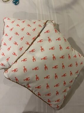 Tommy Bahama White Pillow with Coral Red Lobster Print TWO throw pillows